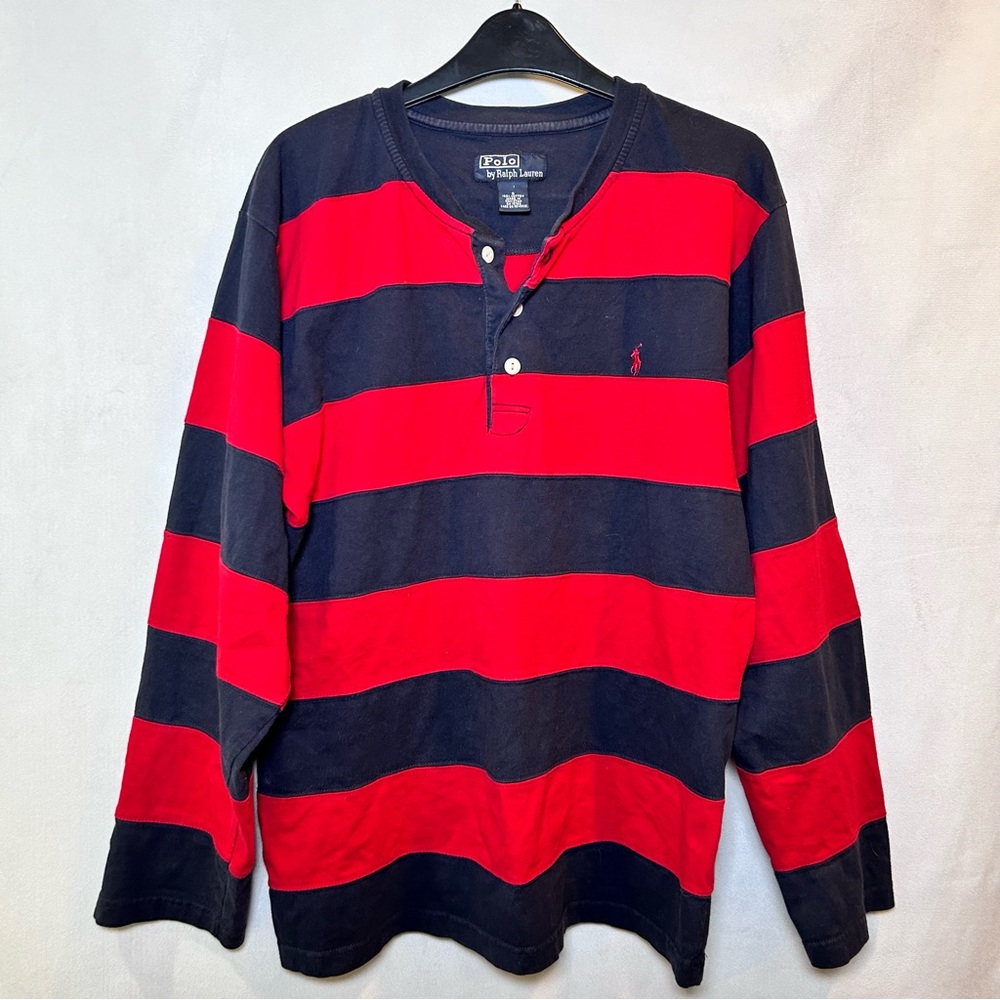 Vintage Polo by Ralph Lauren Red & Navy Striped Rugby Henley Shirt Men’s Small